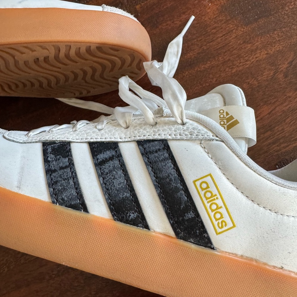 Adidas White and Black Sneakers with Orange Sole